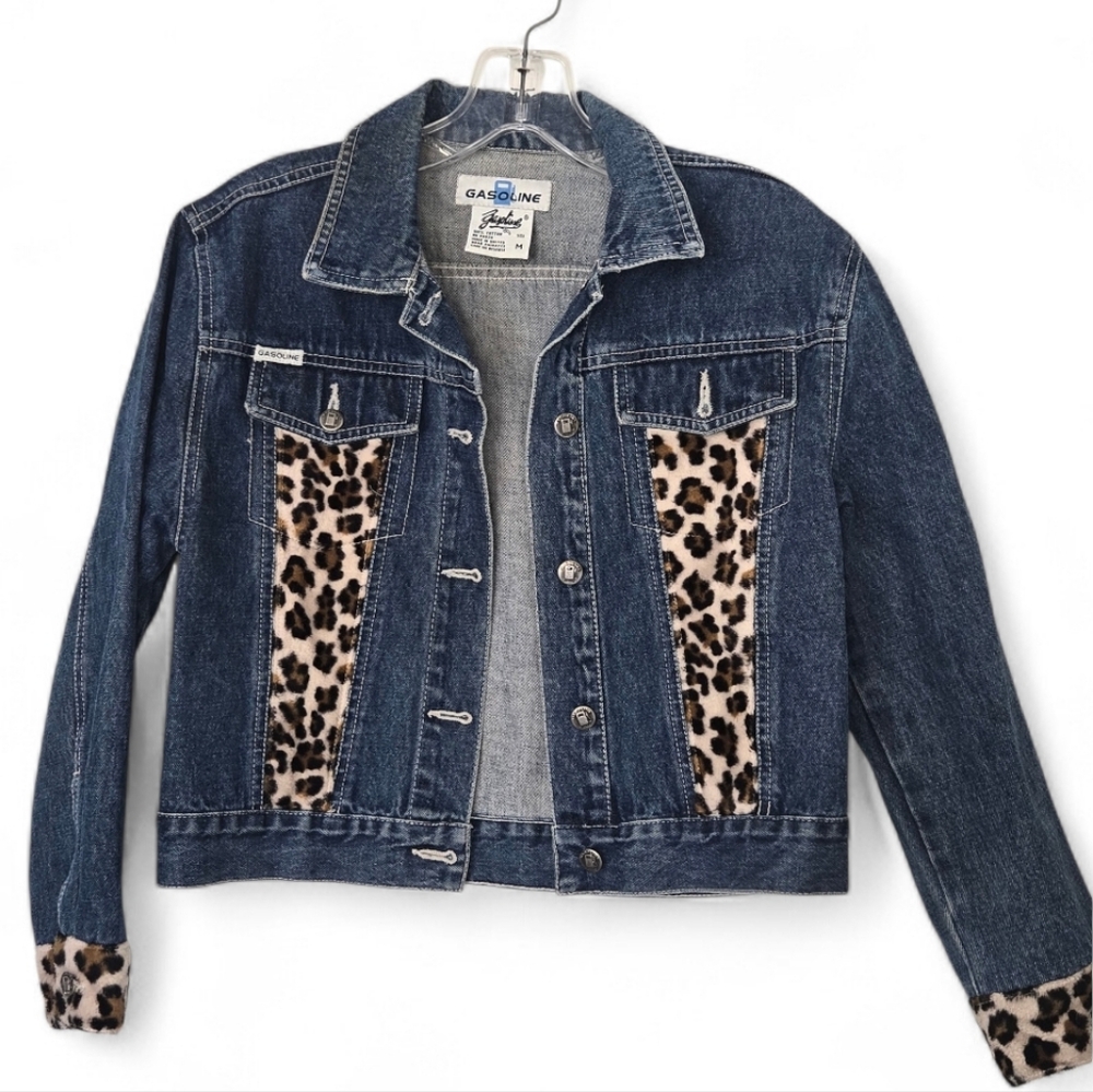 Gasoline Jeans Cropped Denim Jacket w/ Leopard Print Panels –Girls Size M